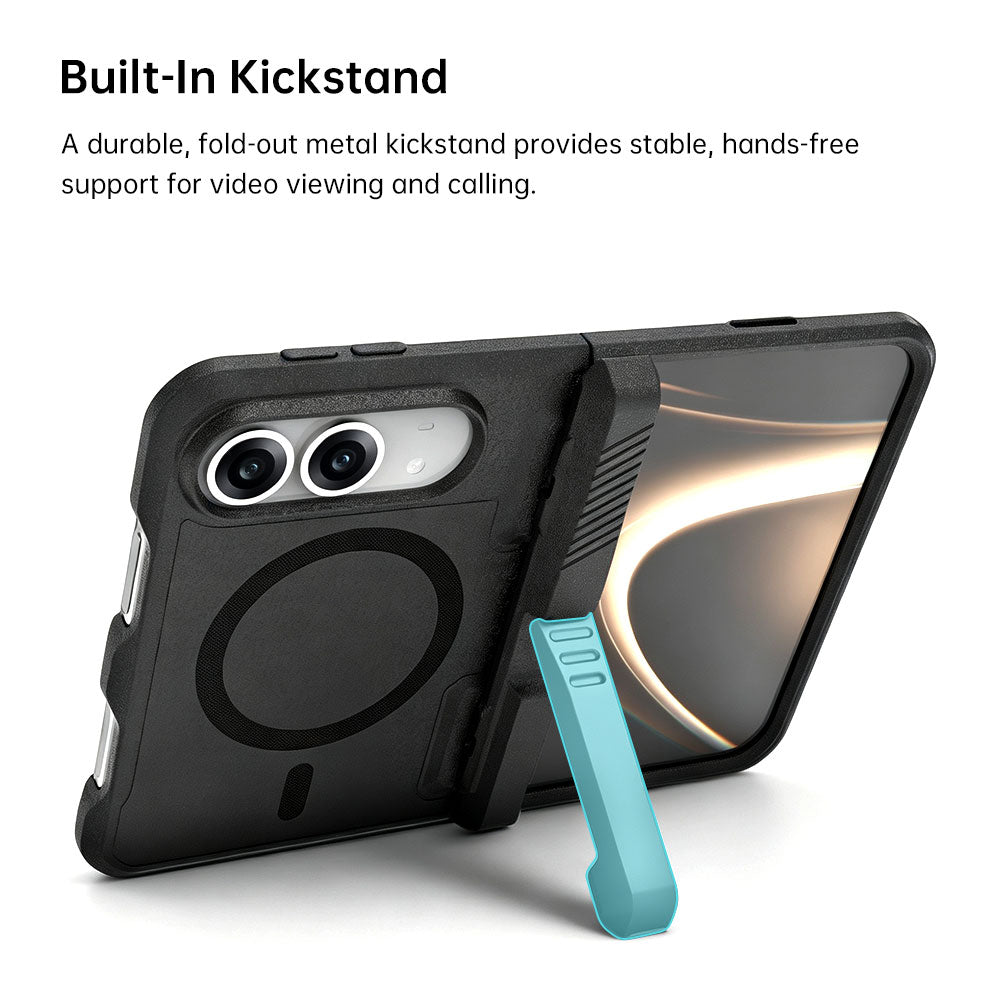 ARMOR-X iPhone 18 Fold Case. A durable, fold-out metal kickstand provides stable, hands-free support for video viewing and calling.