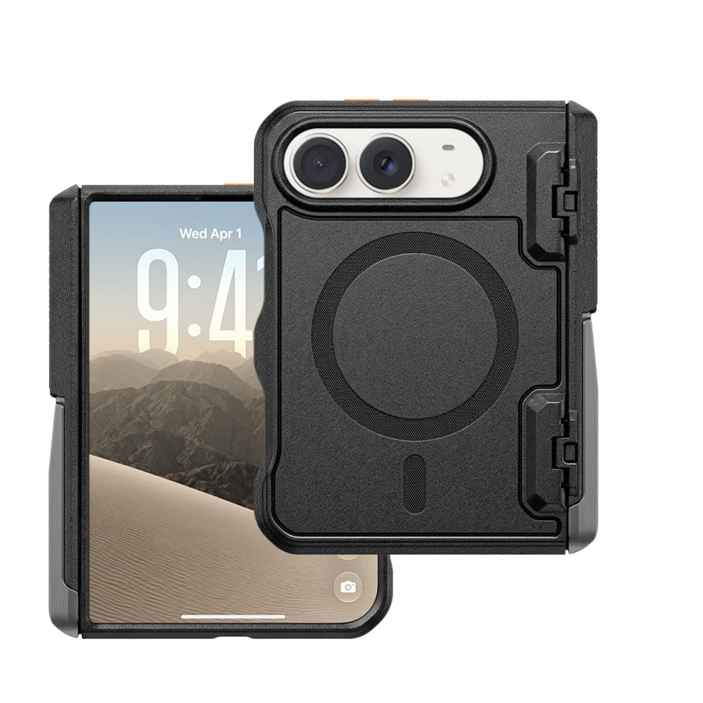 ARMOR-X iPhone Duo Military Grade Protective Case with MagSafe magnetic connection, shockproof protection, raised edges, automatic hinge guard, and kickstand.