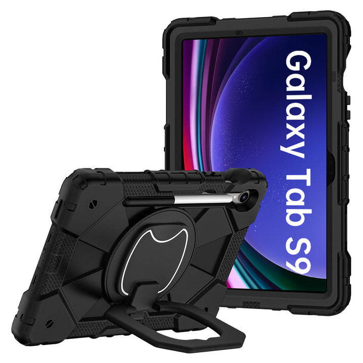 ARMOR-X Samsung Galaxy Tab S9 SM-X710 / X716 / X718 Rugged Case with Kick-Stand &amp; Folding Grip. This case combines heavy-duty 3-layer protection with a versatile 360° rotating kickstand and 180° folding grip for secure one-handed use and hands-free viewing. Raised bezels help protect the screen and camera from everyday scratches, while precision cutouts, integrated dust covers, and a reinforced shoulder strap attachment ensure reliable performance wherever work or adventure takes you.