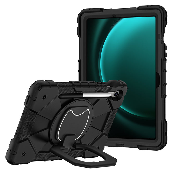 ARMOR-X Samsung Galaxy Tab S9 FE SM-X510 X516 X518 Rugged Case with Kick-Stand &amp; Folding Grip. This case combines heavy-duty 3-layer protection with a versatile 360° rotating kickstand and 180° folding grip for secure one-handed use and hands-free viewing. Raised bezels help protect the screen and camera from everyday scratches, while precision cutouts, integrated dust covers, and a reinforced shoulder strap attachment ensure reliable performance wherever work or adventure takes you.