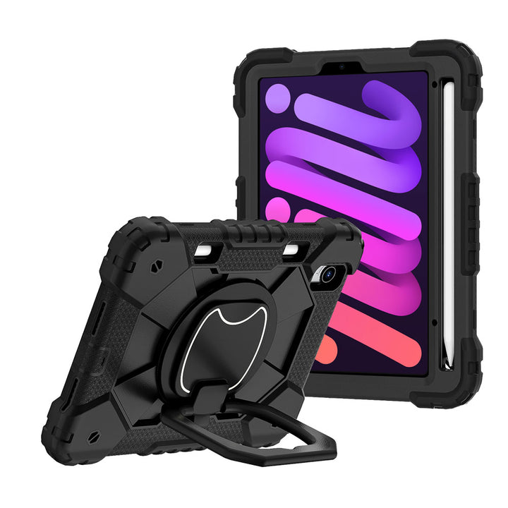 ARMOR-X iPad mini (A17 Pro) Rugged Case. This case combines heavy-duty 3-layer protection with a versatile 360° rotating kickstand and 180° folding grip for secure one-handed use and hands-free viewing. Raised bezels help protect the screen and camera from everyday scratches, while precision cutouts, integrated dust covers, and a reinforced shoulder strap attachment ensure reliable performance wherever work or adventure takes you.