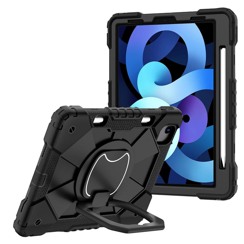 ARMOR-X iPad Air 4 2020 / iPad Air 5 2022 Rugged Case. This case combines heavy-duty 3-layer protection with a versatile 360° rotating kickstand and 180° folding grip for secure one-handed use and hands-free viewing. Raised bezels help protect the screen and camera from everyday scratches, while precision cutouts, integrated dust covers, and a reinforced shoulder strap attachment ensure reliable performance wherever work or adventure takes you.