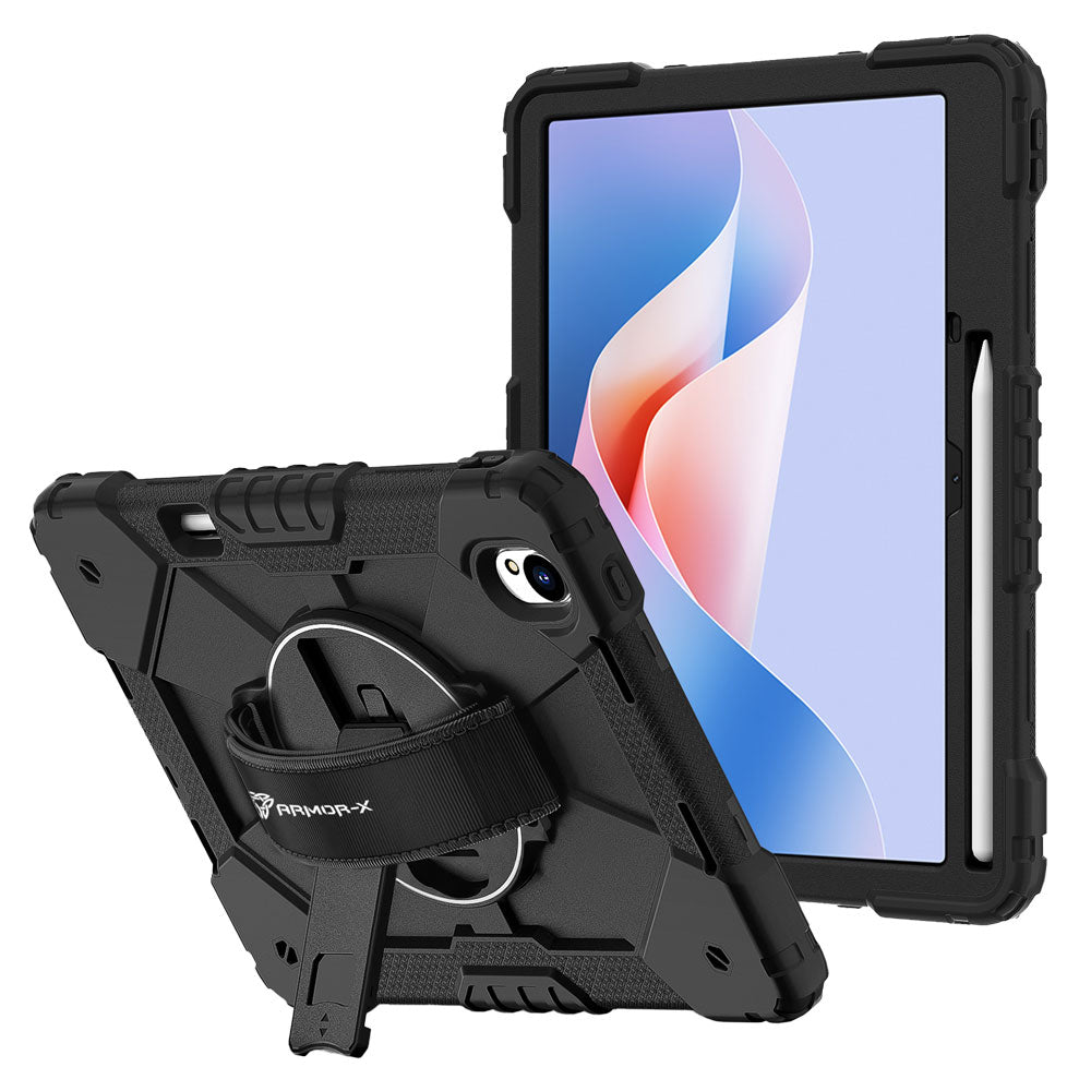 ARMOR-X Huawei MatePad 11.5 S (2024) / (2025) Rugged Case with Kick-stand &amp; Hand Strap. This rugged tablet case features a durable 3-layer protective construction, raised screen and camera bezels, a 360° rotating hand strap, and a multi-angle kickstand for comfortable viewing and working. Precise cutouts, dust-proof port covers, and reinforced shoulder strap attachment points ensure reliable protection, easy portability, and seamless access to all device functions.
