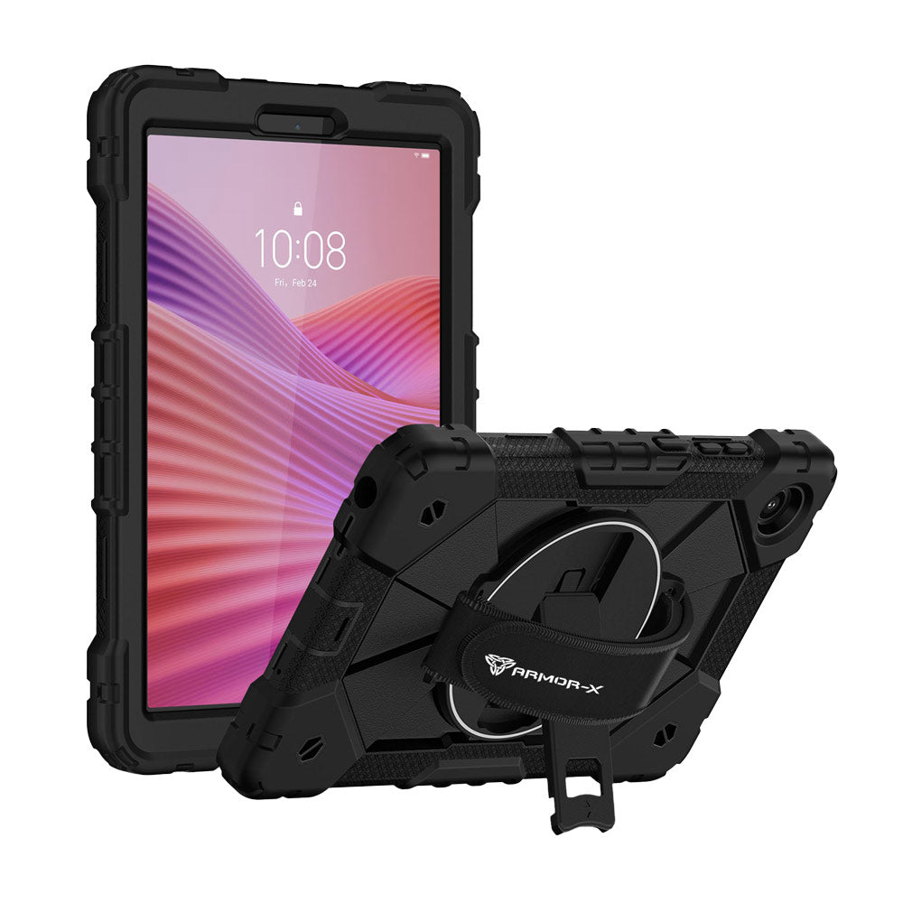 ARMOR-X Lenovo Tab K9 / Lenovo Tab One TB305 Rugged Case with Kick-stand &amp; Hand Strap. This rugged tablet case features a durable 3-layer protective construction, raised screen and camera bezels, a 360° rotating hand strap, and a multi-angle kickstand for comfortable viewing and working. Precise cutouts, dust-proof port covers, and reinforced shoulder strap attachment points ensure reliable protection, easy portability, and seamless access to all device functions.