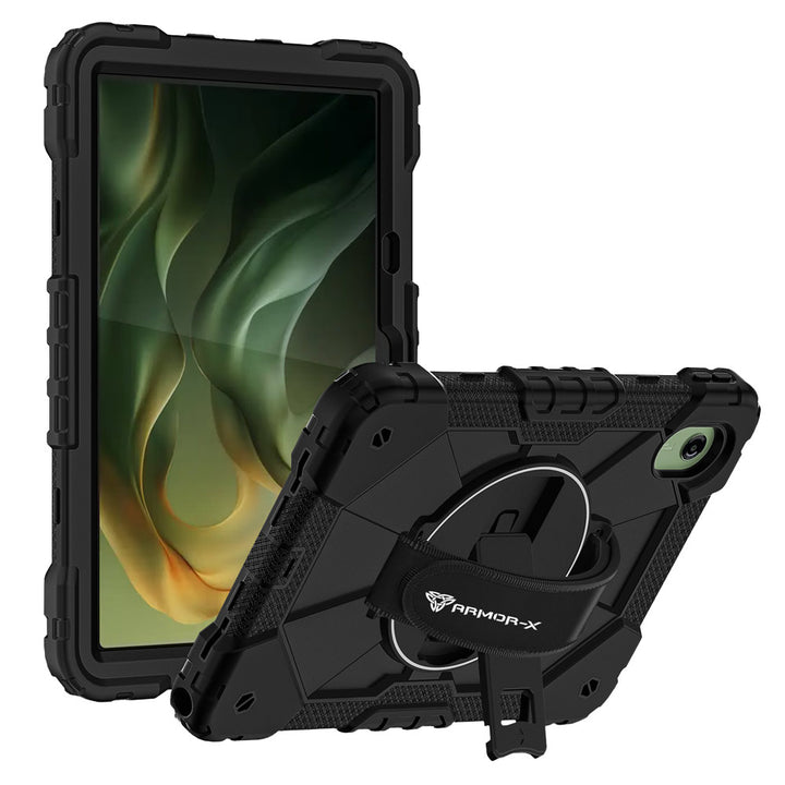 ARMOR-X Motorola Moto Pad (2026) / Moto Pad 60 Neo Rugged Case with Kick-stand &amp; Hand Strap. This rugged tablet case features a durable 3-layer protective construction, raised screen and camera bezels, a 360° rotating hand strap, and a multi-angle kickstand for comfortable viewing and working. Precise cutouts, dust-proof port covers, and reinforced shoulder strap attachment points ensure reliable protection, easy portability, and seamless access to all device functions.