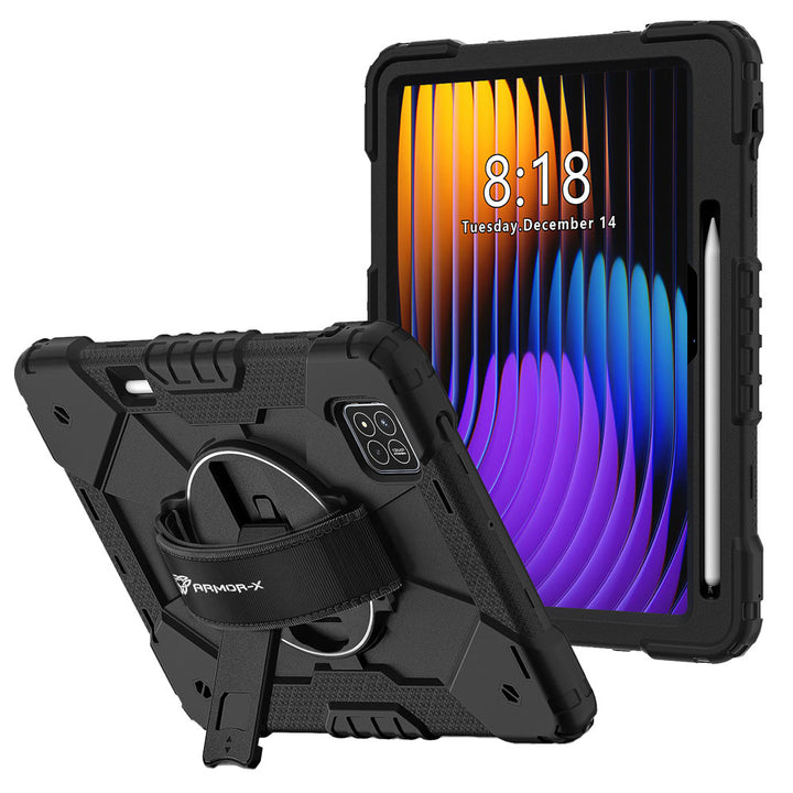 ARMOR-X Xiaomi Pad 7 / 7 Pro Rugged Case with Kick-stand &amp; Hand Strap. This rugged tablet case features a durable 3-layer protective construction, raised screen and camera bezels, a 360° rotating hand strap, and a multi-angle kickstand for comfortable viewing and working. Precise cutouts, dust-proof port covers, and reinforced shoulder strap attachment points ensure reliable protection, easy portability, and seamless access to all device functions.