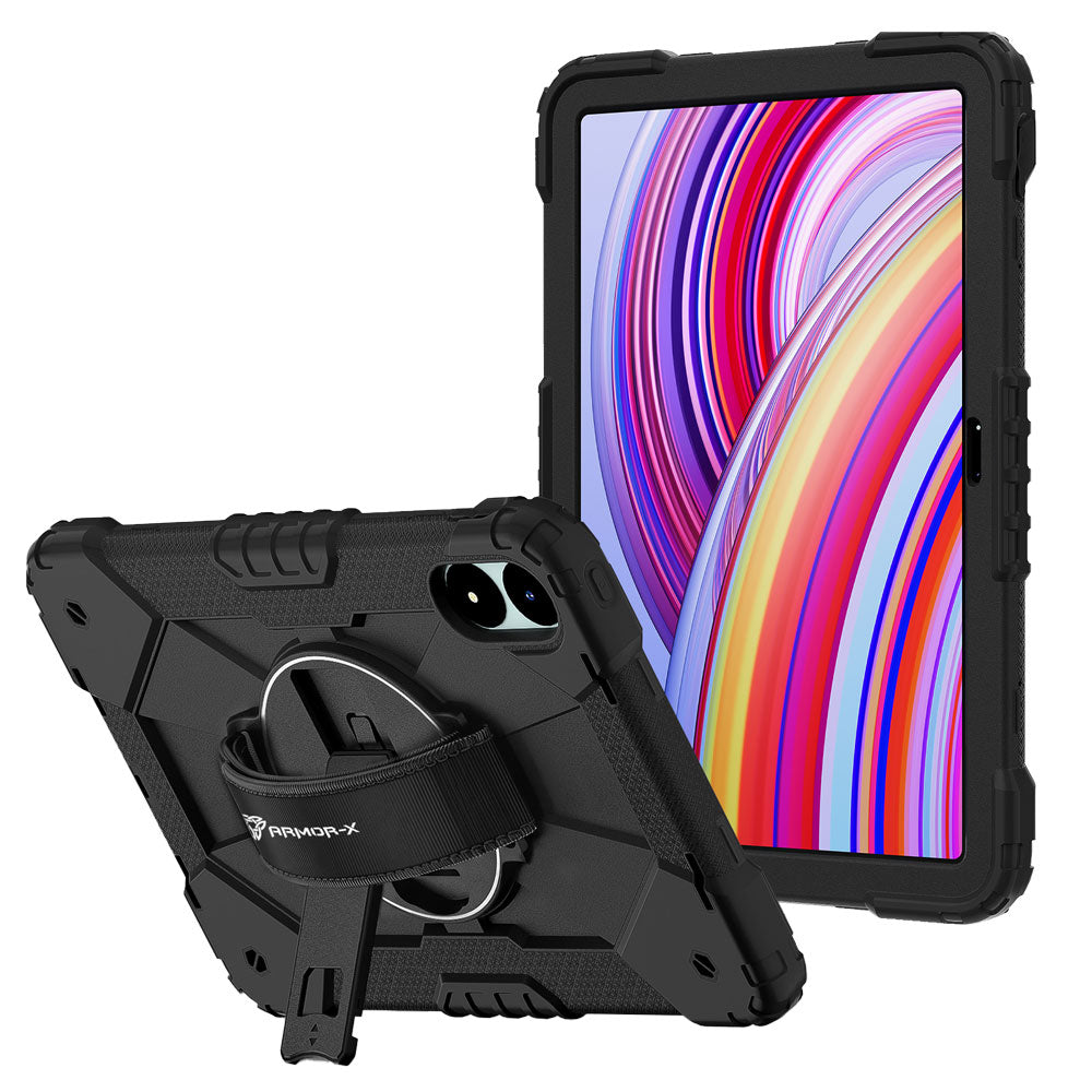 ARMOR-X Xiaomi Redmi Pad Pro / Pro 5G / POCO Pad Rugged Case with Kick-stand &amp; Hand Strap. This rugged tablet case features a durable 3-layer protective construction, raised screen and camera bezels, a 360° rotating hand strap, and a multi-angle kickstand for comfortable viewing and working. Precise cutouts, dust-proof port covers, and reinforced shoulder strap attachment points ensure reliable protection, easy portability, and seamless access to all device functions.