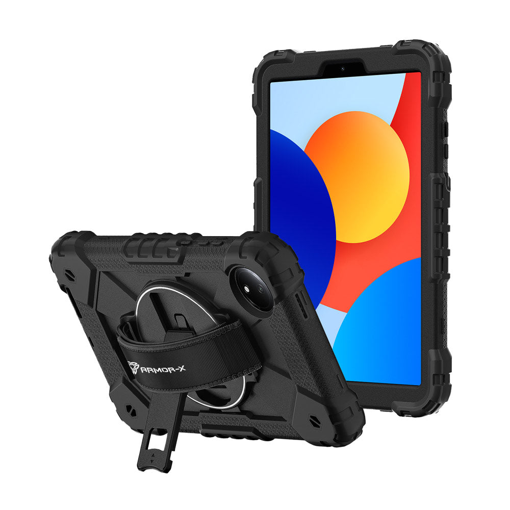 ARMOR-X Xiaomi Redmi Pad SE 8.7 / Redmi Pad SE 8.7 4G Rugged Case with Kick-stand &amp; Hand Strap. This rugged tablet case features a durable 3-layer protective construction, raised screen and camera bezels, a 360° rotating hand strap, and a multi-angle kickstand for comfortable viewing and working. Precise cutouts, dust-proof port covers, and reinforced shoulder strap attachment points ensure reliable protection, easy portability, and seamless access to all device functions.