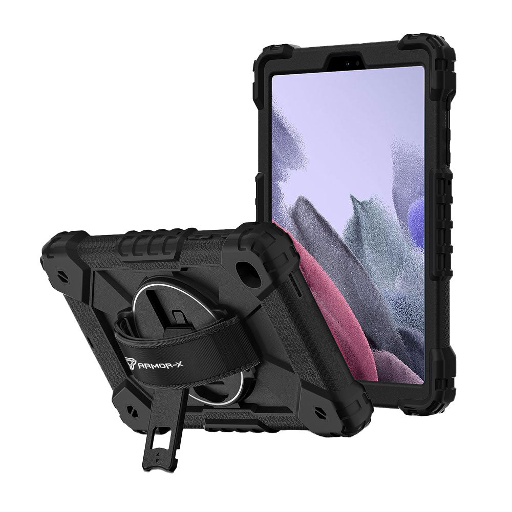 ARMOR-X Samsung Galaxy Tab A7 Lite SM-T225 / SM-T220 / SM-T225N / SM-T227U Rugged Case with Kick-stand &amp; Hand Strap. This rugged tablet case features a durable 3-layer protective construction, raised screen and camera bezels, a 360° rotating hand strap, and a multi-angle kickstand for comfortable viewing and working. Precise cutouts, dust-proof port covers, and reinforced shoulder strap attachment points ensure reliable protection, easy portability, and seamless access to all device functions.
