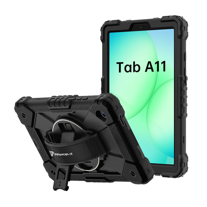ARMOR-X Samsung Galaxy Tab A11 ( 8.7" ) SM-X130 / SM-X133 / SM-X135 Rugged Case with Kick-stand &amp; Hand Strap. This rugged tablet case features a durable 3-layer protective construction, raised screen and camera bezels, a 360° rotating hand strap, and a multi-angle kickstand for comfortable viewing and working. Precise cutouts, dust-proof port covers, and reinforced shoulder strap attachment points ensure reliable protection, easy portability, and seamless access to all device functions.