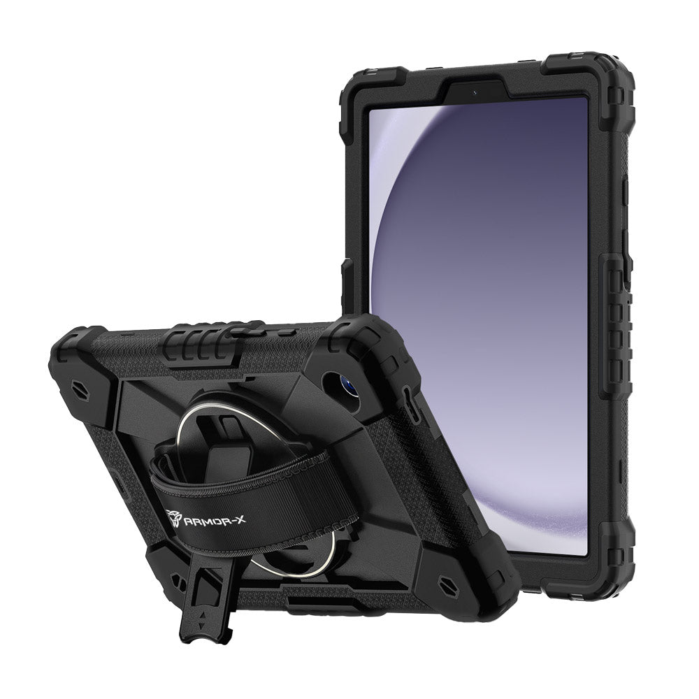 ARMOR-X Samsung Galaxy Tab A9 ( 8.7" ) SM-X110 / SM-X115 Rugged Case with Kick-stand &amp; Hand Strap. This rugged tablet case features a durable 3-layer protective construction, raised screen and camera bezels, a 360° rotating hand strap, and a multi-angle kickstand for comfortable viewing and working. Precise cutouts, dust-proof port covers, and reinforced shoulder strap attachment points ensure reliable protection, easy portability, and seamless access to all device functions.