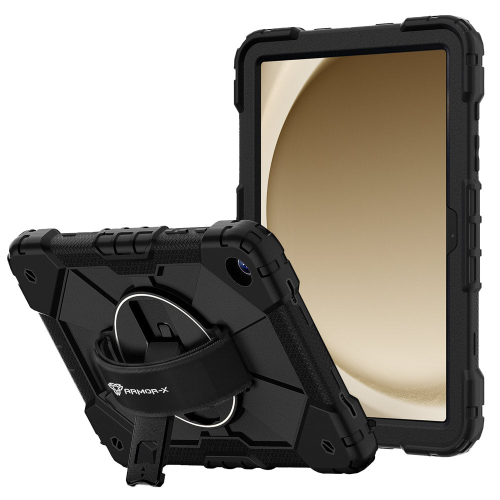 ARMOR-X Samsung Galaxy Tab A9+ A9 Plus ( 11" ) SM-X210 / SM-X215 / SM-X216 Rugged Case with Kick-stand &amp; Hand Strap. This rugged tablet case features a durable 3-layer protective construction, raised screen and camera bezels, a 360° rotating hand strap, and a multi-angle kickstand for comfortable viewing and working. Precise cutouts, dust-proof port covers, and reinforced shoulder strap attachment points ensure reliable protection, easy portability, and seamless access to all device functions.