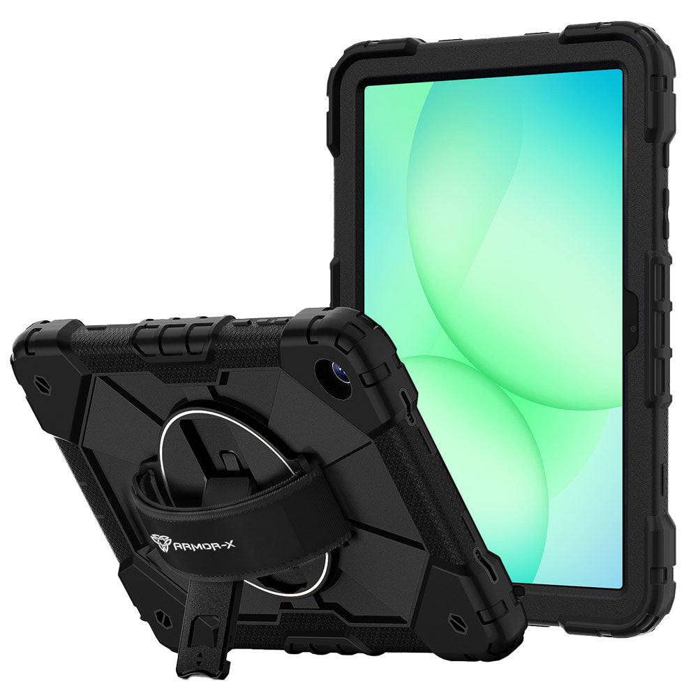 ARMOR-X Samsung Galaxy Tab A11+ A11 Plus ( 11" ) SM-X230 / SM-X235 / SM-X236 / SM-X238 Rugged Case with Kick-stand &amp; Hand Strap. This rugged tablet case features a durable 3-layer protective construction, raised screen and camera bezels, a 360° rotating hand strap, and a multi-angle kickstand for comfortable viewing and working. Precise cutouts, dust-proof port covers, and reinforced shoulder strap attachment points ensure reliable protection, easy portability, and seamless access to all device functions.