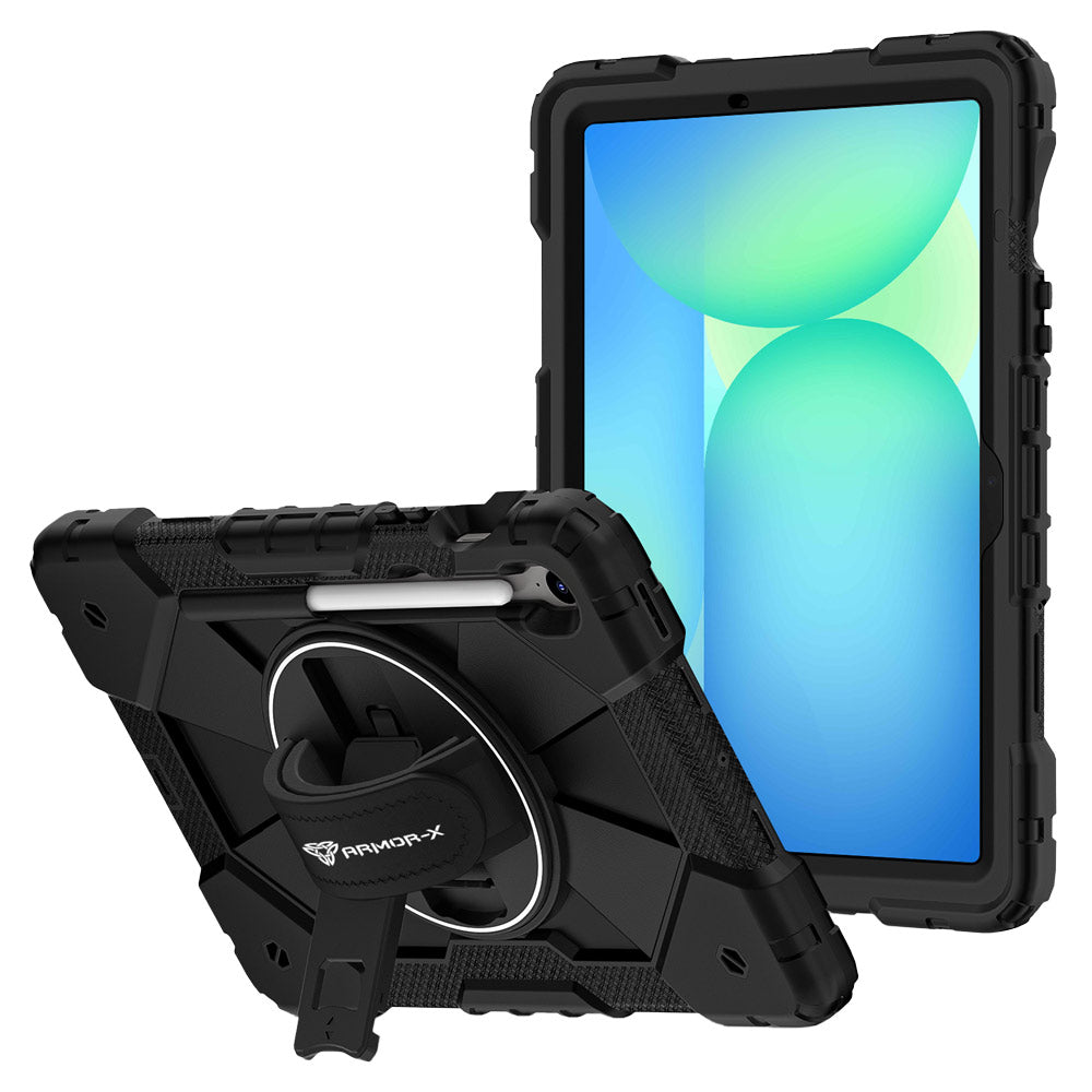 ARMOR-X Samsung Galaxy Tab S10 FE SM-X520 X526 X528 / S10 Lite SM-X400 X406 Rugged Case with Kick-stand &amp; Hand Strap. This rugged tablet case features a durable 3-layer protective construction, raised screen and camera bezels, a 360° rotating hand strap, and a multi-angle kickstand for comfortable viewing and working. Precise cutouts, dust-proof port covers, and reinforced shoulder strap attachment points ensure reliable protection, easy portability, and seamless access to all device functions.