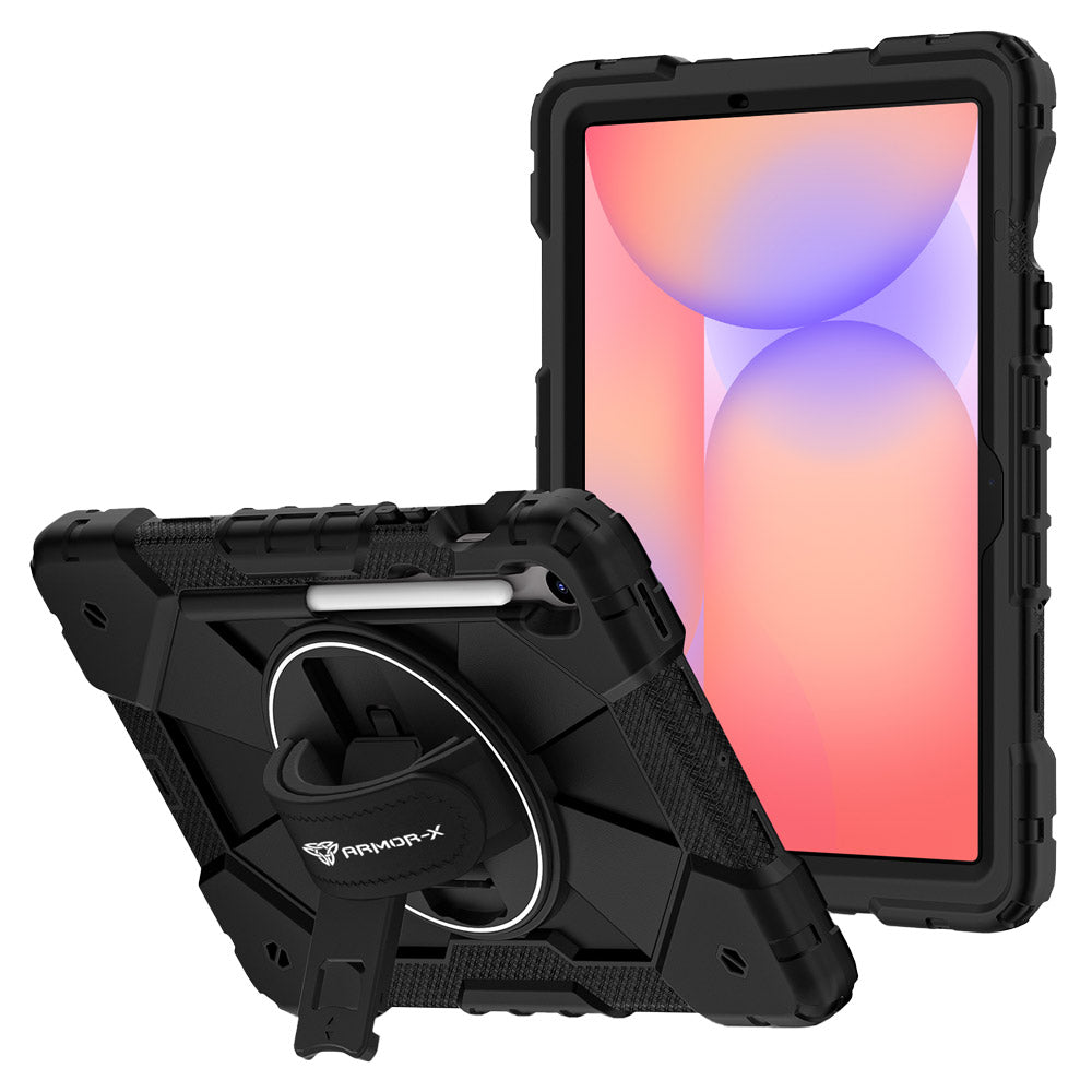 ARMOR-X Samsung Galaxy Tab S10 FE SM-X520 X526 X528 / S10 Lite SM-X400 X406 Rugged Case with Kick-stand & Hand Strap. This rugged tablet case features a durable 3-layer protective construction, raised screen and camera bezels, a 360° rotating hand strap, and a multi-angle kickstand for comfortable viewing and working. Precise cutouts, dust-proof port covers, and reinforced shoulder strap attachment points ensure reliable protection, easy portability, and seamless access to all device functions.