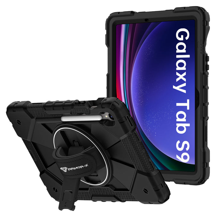 ARMOR-X Samsung Galaxy Tab S9 SM-X710 / X716 / X718 Rugged Case with Kick-stand &amp; Hand Strap. This rugged tablet case features a durable 3-layer protective construction, raised screen and camera bezels, a 360° rotating hand strap, and a multi-angle kickstand for comfortable viewing and working. Precise cutouts, dust-proof port covers, and reinforced shoulder strap attachment points ensure reliable protection, easy portability, and seamless access to all device functions.