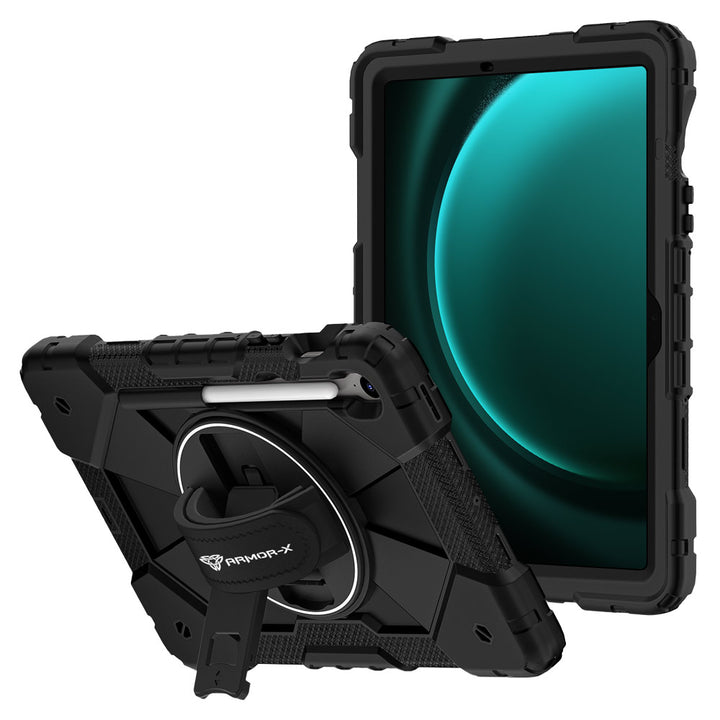 ARMOR-X Samsung Galaxy Tab S9 FE SM-X510 X516 X518 Rugged Case with Kick-stand &amp; Hand Strap. This rugged tablet case features a durable 3-layer protective construction, raised screen and camera bezels, a 360° rotating hand strap, and a multi-angle kickstand for comfortable viewing and working. Precise cutouts, dust-proof port covers, and reinforced shoulder strap attachment points ensure reliable protection, easy portability, and seamless access to all device functions.