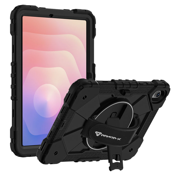 ARMOR-X Samsung Galaxy Tab S11 SM-X730 / X736 / X738 Rugged Case with Kick-stand &amp; Hand Strap. This rugged tablet case features a durable 3-layer protective construction, raised screen and camera bezels, a 360° rotating hand strap, and a multi-angle kickstand for comfortable viewing and working. Precise cutouts, dust-proof port covers, and reinforced shoulder strap attachment points ensure reliable protection, easy portability, and seamless access to all device functions.