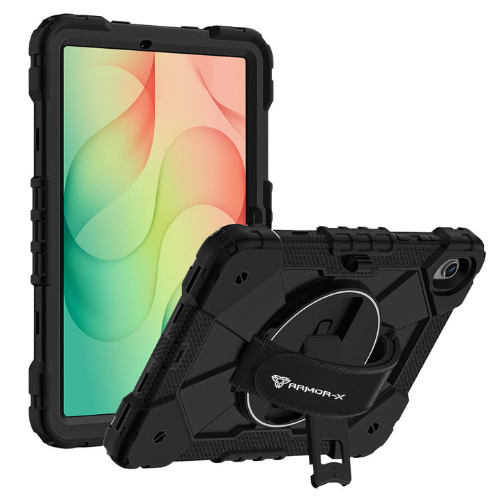 ARMOR-X Samsung Galaxy Tab S12+ S12 Plus SM-X840 / X846 / X848 Rugged Case with Kick-stand &amp; Hand Strap. This rugged tablet case features a durable 3-layer protective construction, raised screen and camera bezels, a 360° rotating hand strap, and a multi-angle kickstand for comfortable viewing and working. Precise cutouts, dust-proof port covers, and reinforced shoulder strap attachment points ensure reliable protection, easy portability, and seamless access to all device functions.