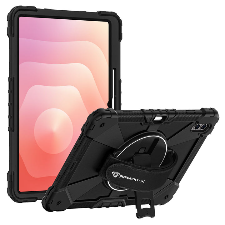 ARMOR-X Samsung Galaxy Tab S11 Ultra SM-X930 / X936 Rugged Case with Kick-stand &amp; Hand Strap. This rugged tablet case features a durable 3-layer protective construction, raised screen and camera bezels, a 360° rotating hand strap, and a multi-angle kickstand for comfortable viewing and working. Precise cutouts, dust-proof port covers, and reinforced shoulder strap attachment points ensure reliable protection, easy portability, and seamless access to all device functions.