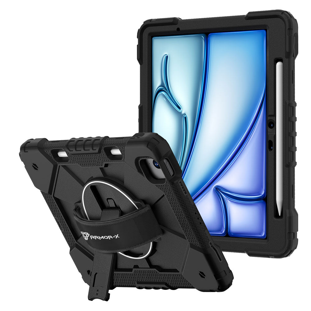 ARMOR-X iPad Air 11 (M2) / (M3) / (M4) Rugged Case with Kick-stand & Hand Strap. This rugged tablet case features a durable 3-layer protective construction, raised screen and camera bezels, a 360° rotating hand strap, and a multi-angle kickstand for comfortable viewing and working. Precise cutouts, dust-proof port covers, and reinforced shoulder strap attachment points ensure reliable protection, easy portability, and seamless access to all device functions.