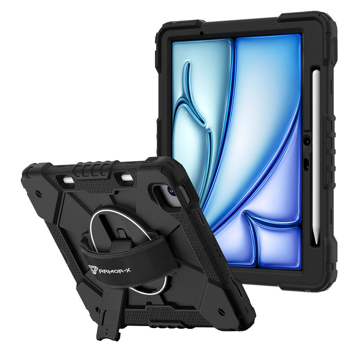 ARMOR-X iPad Air 11 (M2) / (M3) / (M4) Rugged Case with Kick-stand &amp; Hand Strap. This rugged tablet case features a durable 3-layer protective construction, raised screen and camera bezels, a 360° rotating hand strap, and a multi-angle kickstand for comfortable viewing and working. Precise cutouts, dust-proof port covers, and reinforced shoulder strap attachment points ensure reliable protection, easy portability, and seamless access to all device functions.