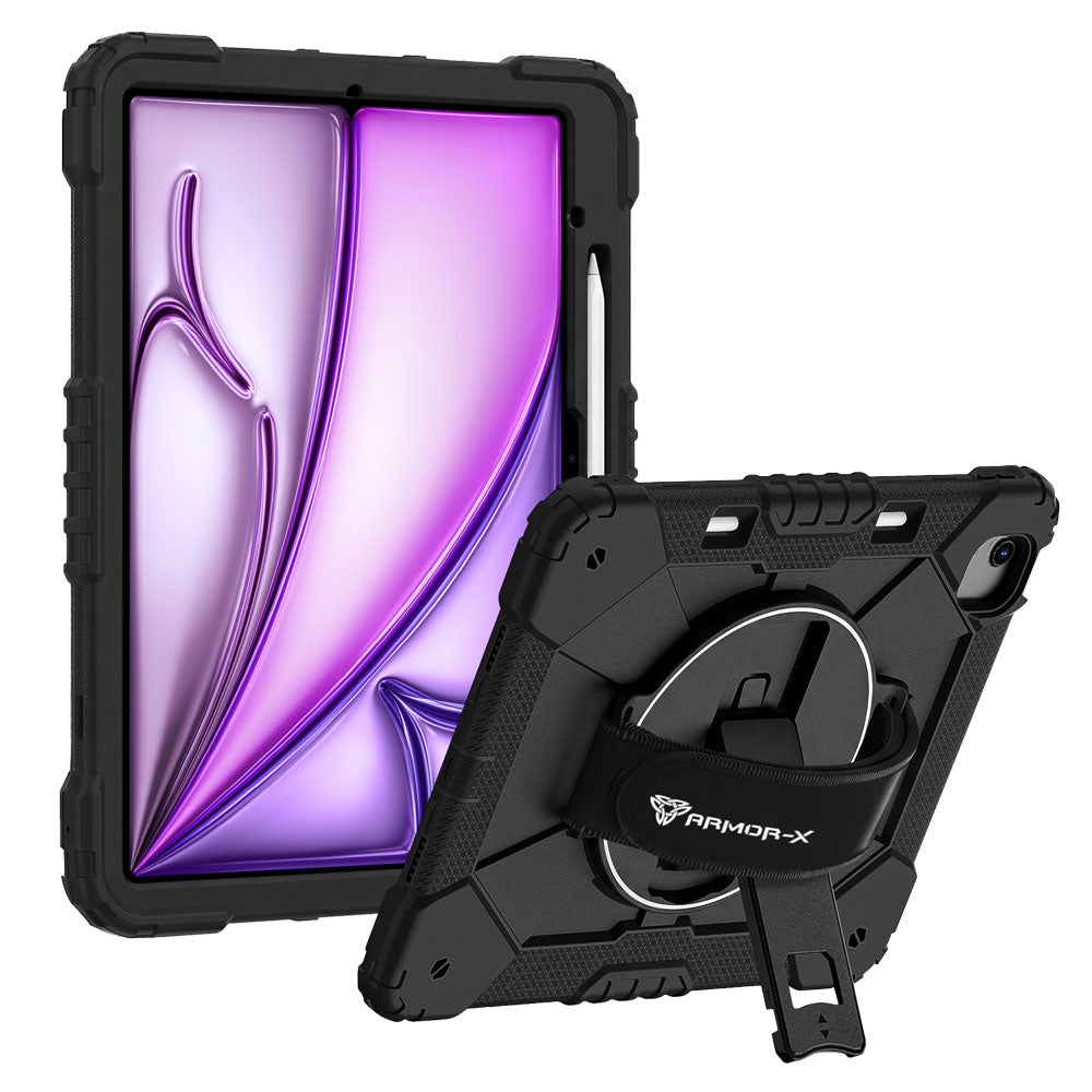 ARMOR-X iPad Air 13 (M2) / (M3) / (M4) Rugged Case with Kick-stand &amp; Hand Strap. This rugged tablet case features a durable 3-layer protective construction, raised screen and camera bezels, a 360° rotating hand strap, and a multi-angle kickstand for comfortable viewing and working. Precise cutouts, dust-proof port covers, and reinforced shoulder strap attachment points ensure reliable protection, easy portability, and seamless access to all device functions.