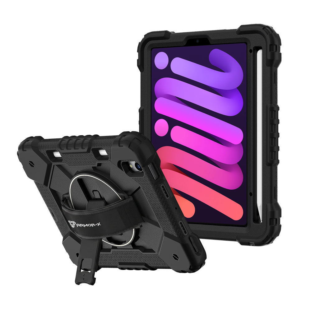 ARMOR-X iPad mini (A17 Pro) Rugged Case with Kick-stand & Hand Strap. This rugged tablet case features a durable 3-layer protective construction, raised screen and camera bezels, a 360° rotating hand strap, and a multi-angle kickstand for comfortable viewing and working. Precise cutouts, dust-proof port covers, and reinforced shoulder strap attachment points ensure reliable protection, easy portability, and seamless access to all device functions.