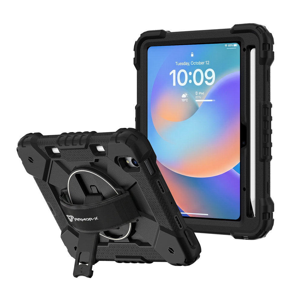 ARMOR-X iPad mini 8 Rugged Case with Kick-stand & Hand Strap. This rugged tablet case features a durable 3-layer protective construction, raised screen and camera bezels, a 360° rotating hand strap, and a multi-angle kickstand for comfortable viewing and working. Precise cutouts, dust-proof port covers, and reinforced shoulder strap attachment points ensure reliable protection, easy portability, and seamless access to all device functions.