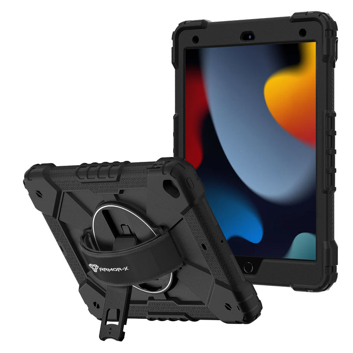 ARMOR-X iPad 10.2 (7th &amp; 8th &amp; 9th Gen.) 2019 / 2020 / 2021 Rugged Case with Kick-stand &amp; Hand Strap. This rugged tablet case features a durable 3-layer protective construction, raised screen and camera bezels, a 360° rotating hand strap, and a multi-angle kickstand for comfortable viewing and working. Precise cutouts, dust-proof port covers, and reinforced shoulder strap attachment points ensure reliable protection, easy portability, and seamless access to all device functions.