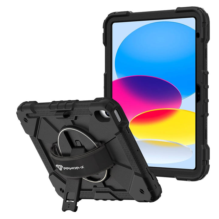 ARMOR-X iPad 10.9 (10th Gen.) Rugged Case with Kick-stand &amp; Hand Strap. This rugged tablet case features a durable 3-layer protective construction, raised screen and camera bezels, a 360° rotating hand strap, and a multi-angle kickstand for comfortable viewing and working. Precise cutouts, dust-proof port covers, and reinforced shoulder strap attachment points ensure reliable protection, easy portability, and seamless access to all device functions.