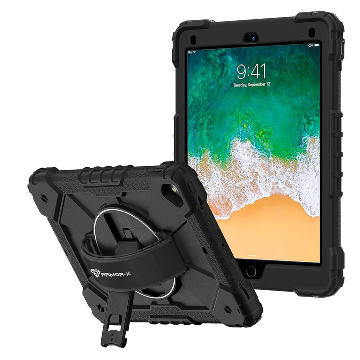ARMOR-X iPad 9.7 ( 5th / 6th Gen.) 2017 / 2018 Rugged Case with Kick-stand &amp; Hand Strap. This rugged tablet case features a durable 3-layer protective construction, raised screen and camera bezels, a 360° rotating hand strap, and a multi-angle kickstand for comfortable viewing and working. Precise cutouts, dust-proof port covers, and reinforced shoulder strap attachment points ensure reliable protection, easy portability, and seamless access to all device functions.