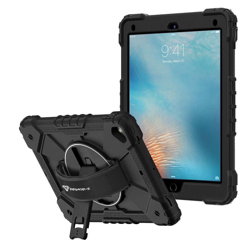 ARMOR-X iPad Pro 9.7 2016 Rugged Case with Kick-stand & Hand Strap. This rugged tablet case features a durable 3-layer protective construction, raised screen and camera bezels, a 360° rotating hand strap, and a multi-angle kickstand for comfortable viewing and working. Precise cutouts, dust-proof port covers, and reinforced shoulder strap attachment points ensure reliable protection, easy portability, and seamless access to all device functions.