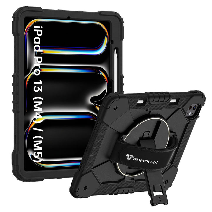 ARMOR-X iPad Pro 13 (M4) / (M5) Rugged Case with Kick-stand &amp; Hand Strap. This rugged tablet case features a durable 3-layer protective construction, raised screen and camera bezels, a 360° rotating hand strap, and a multi-angle kickstand for comfortable viewing and working. Precise cutouts, dust-proof port covers, and reinforced shoulder strap attachment points ensure reliable protection, easy portability, and seamless access to all device functions.