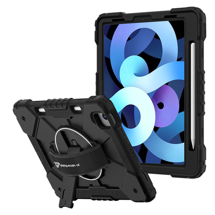ARMOR-X iPad Air 4 2020 / iPad Air 5 2022 Rugged Case with Kick-stand &amp; Hand Strap. This rugged tablet case features a durable 3-layer protective construction, raised screen and camera bezels, a 360° rotating hand strap, and a multi-angle kickstand for comfortable viewing and working. Precise cutouts, dust-proof port covers, and reinforced shoulder strap attachment points ensure reliable protection, easy portability, and seamless access to all device functions.