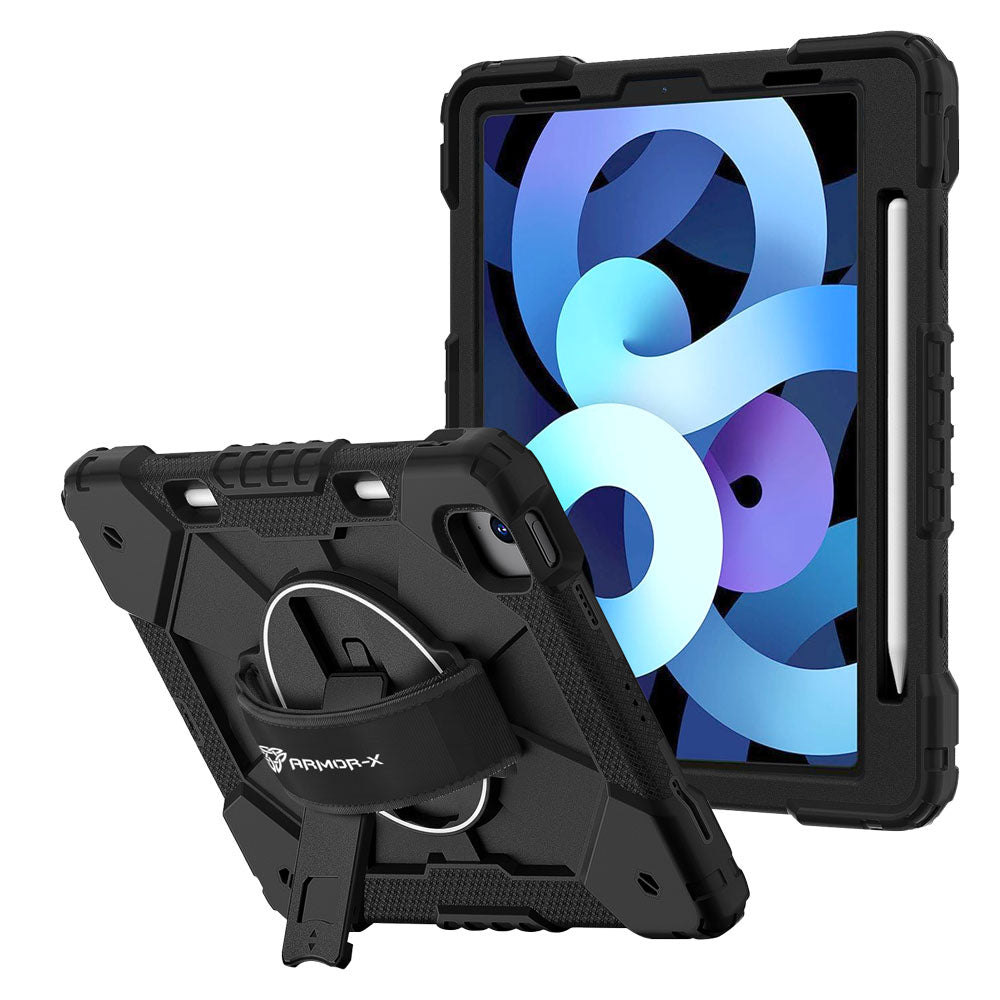 ARMOR-X iPad Air 4 2020 / iPad Air 5 2022 Rugged Case with Kick-stand & Hand Strap. This rugged tablet case features a durable 3-layer protective construction, raised screen and camera bezels, a 360° rotating hand strap, and a multi-angle kickstand for comfortable viewing and working. Precise cutouts, dust-proof port covers, and reinforced shoulder strap attachment points ensure reliable protection, easy portability, and seamless access to all device functions.