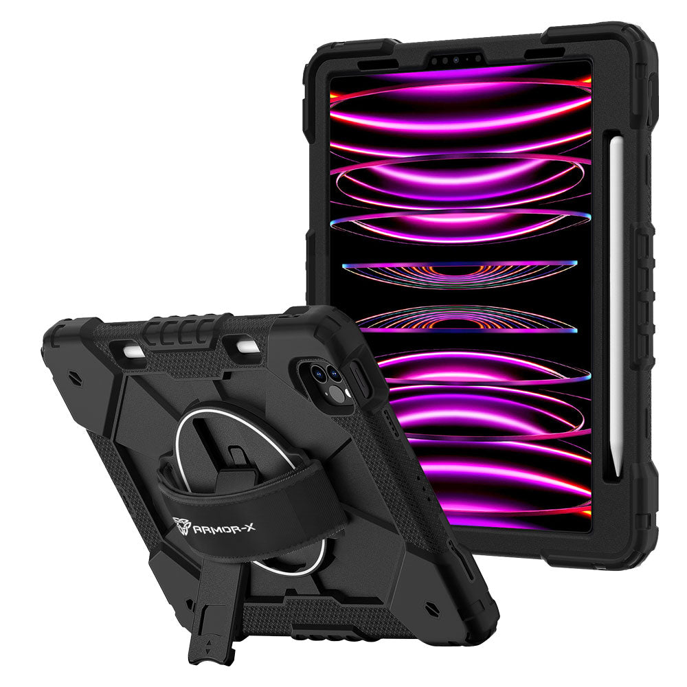 ARMOR-X iPad Pro 11 ( 1st / 2nd / 3rd / 4th Gen. ) 2018 / 2020 / 2021 / 2022 Rugged Case with Kick-stand &amp; Hand Strap. This rugged tablet case features a durable 3-layer protective construction, raised screen and camera bezels, a 360° rotating hand strap, and a multi-angle kickstand for comfortable viewing and working. Precise cutouts, dust-proof port covers, and reinforced shoulder strap attachment points ensure reliable protection, easy portability, and seamless access to all device functions.