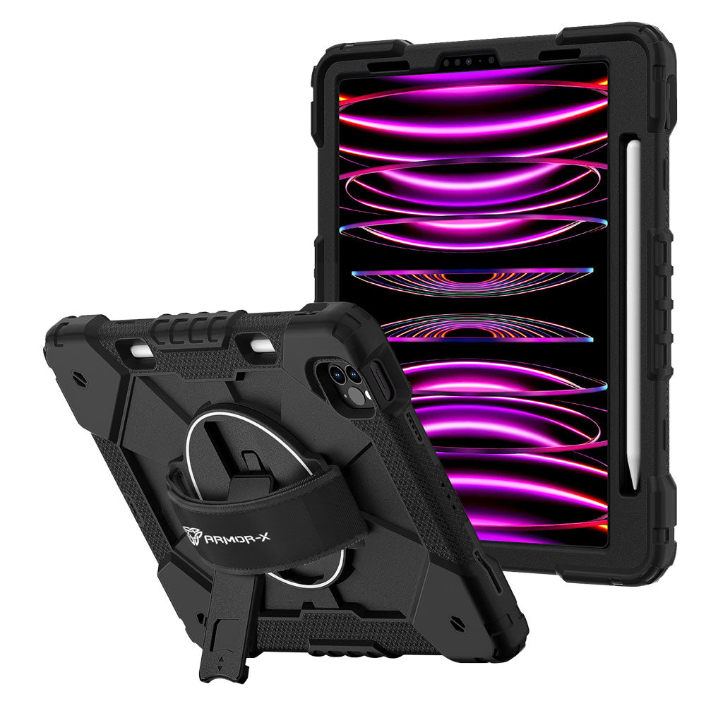 ARMOR-X iPad Pro 11 ( 1st / 2nd / 3rd / 4th Gen. ) 2018 / 2020 / 2021 / 2022 Rugged Case with Kick-stand &amp; Hand Strap. This rugged tablet case features a durable 3-layer protective construction, raised screen and camera bezels, a 360° rotating hand strap, and a multi-angle kickstand for comfortable viewing and working. Precise cutouts, dust-proof port covers, and reinforced shoulder strap attachment points ensure reliable protection, easy portability, and seamless access to all device functions.