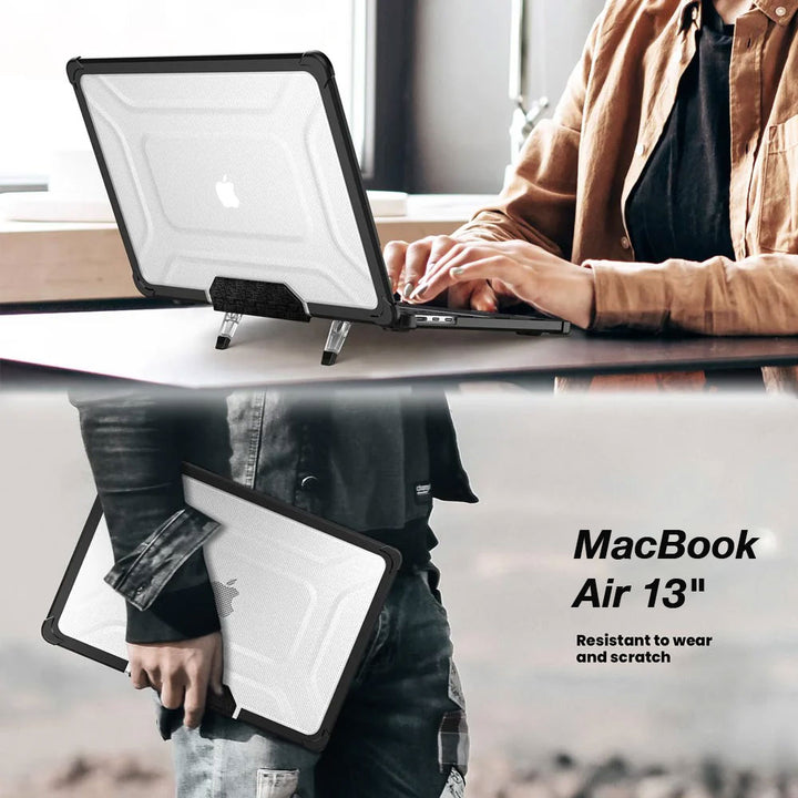 ARMOR-X Macbook Air 13" 2018 / 2020 (A1932 / A2179 / M1 A2337) shockproof case with a built-in kickstand, bringing better visual experience and helps to relieve neck strain.