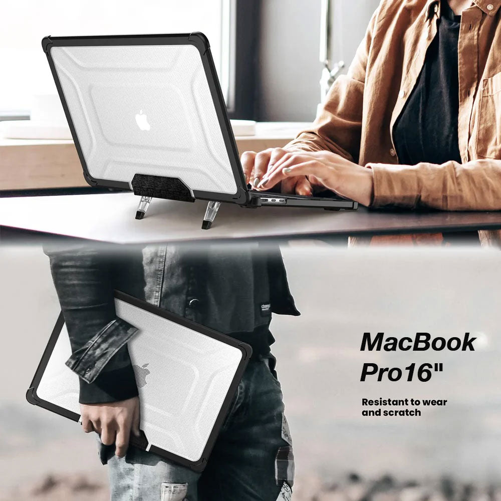 ARMOR-X MacBook Pro 16" 2021 / 2023 (M1 Pro/Max A2485 / M2 A2780 / M3 A2991) shockproof case with a built-in kickstand, bringing better visual experience and helps to relieve neck strain.