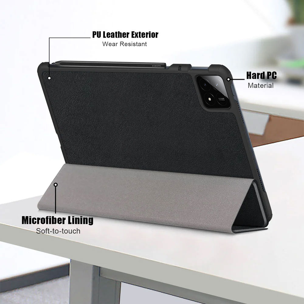 ARMOR-X Xiaomi Pad 6S Pro 12.4 Smart Tri-Fold Stand Magnetic PU Cover. Made of durable PU leather exterior, soft microfiber lining and coverage with PC back shell.