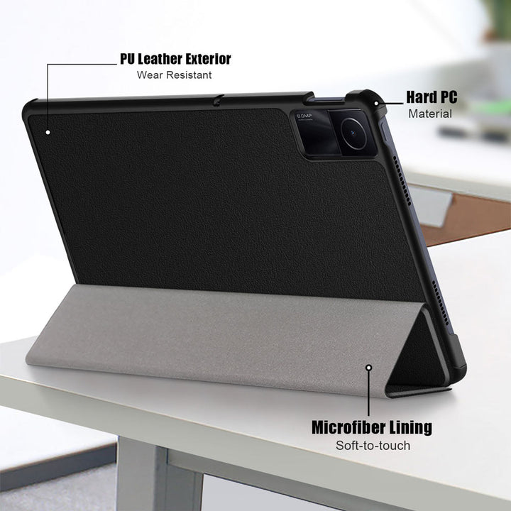 ARMOR-X Xiaomi Redmi Pad SE Smart Tri-Fold Stand Magnetic PU Cover. Made of durable PU leather exterior, soft microfiber lining and coverage with PC back shell.