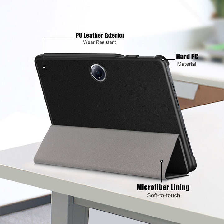 ARMOR-X OnePlus Pad 2 Smart Tri-Fold Stand Magnetic PU Cover. Made of durable PU leather exterior, soft microfiber lining and coverage with PC back shell.