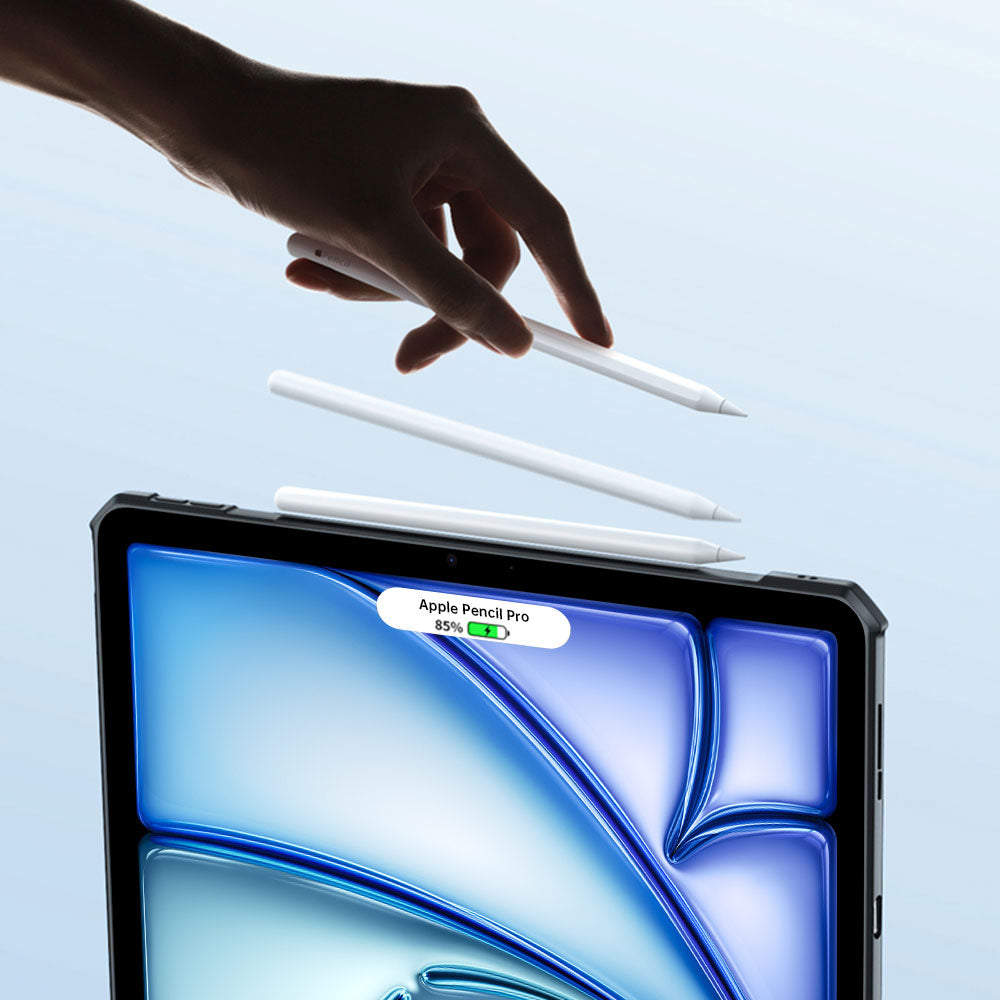 ARMOR-X iPad Air 11 ( M2 ) shockproof case. Slim edge designed allows you to attach the Apple Pencil Pro with your tablet magnetically for pairing and wireless charging without need taking off the case.