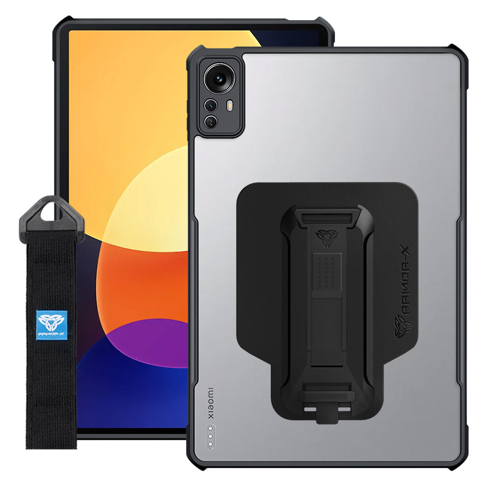 ARMOR-X Xiaomi Mi Pad 5 Pro 12.4" shockproof case, impact protection cover with hand strap and kick stand. One-handed design for your workplace.