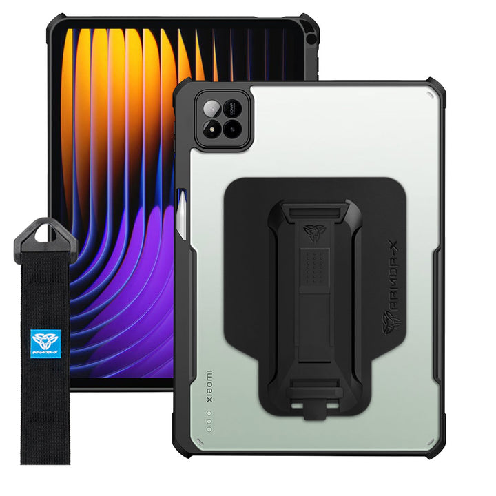 ARMOR-X Xiaomi Pad 7 / 7 Pro shockproof case, impact protection cover with hand strap and kick stand. One-handed design for your workplace.