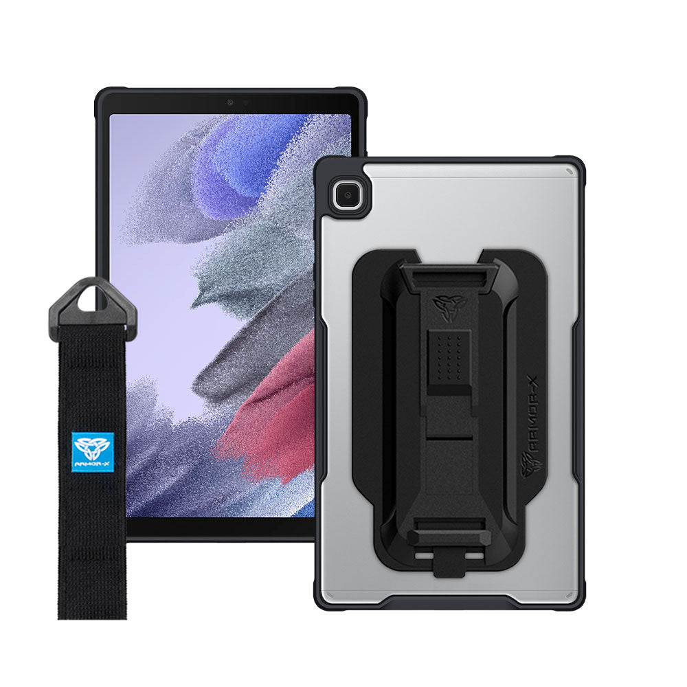 ARMOR-X Samsung Galaxy Tab A7 Lite SM-T225 / SM-T220 / SM-T225N / SM-T227U shockproof case, impact protection cover with hand strap and kick stand. One-handed design for your workplace.