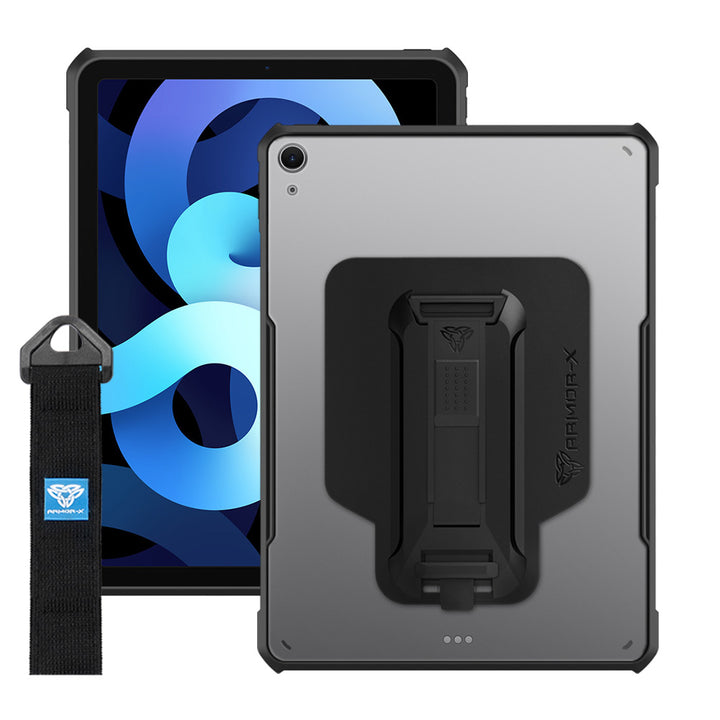 ARMOR-X iPad Air 4 2020 / iPad Air 5 2022 shockproof case, impact protection cover with hand strap and kick stand. One-handed design for your workplace.