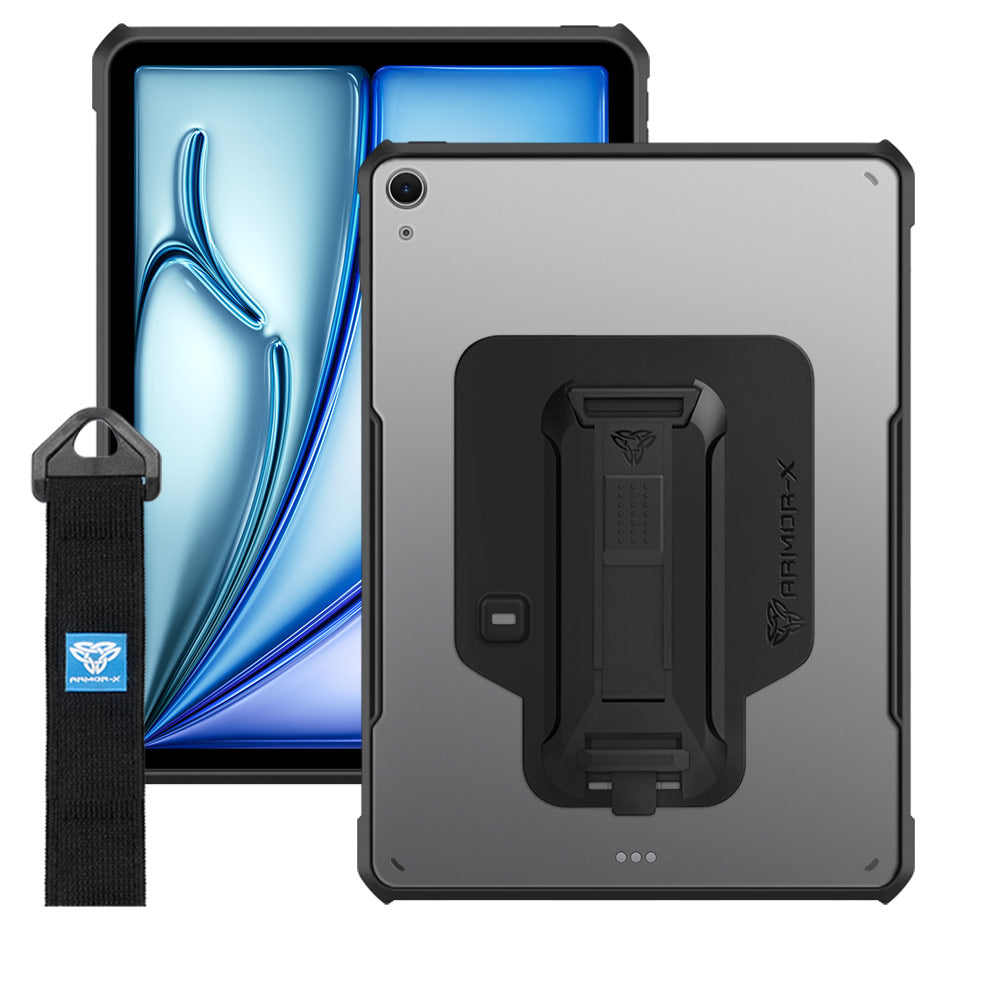 DXS-iPad-A4 | iPad Air 11 (M2) / (M3) | Ultra slim 4 corner Anti-impact tablet case with hand strap kick-stand & X-Mount Supports Apple Pencil Pro Wireless Charging