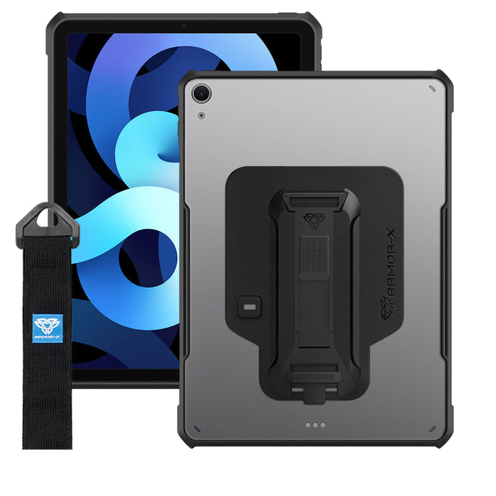 DXS-iPad-A4 | iPad Air 4 2020 / iPad Air 5 2022 | Ultra slim 4 corner Anti-impact tablet case with hand strap kick-stand & X-Mount Supports Apple Pencil 2 Wireless Charging